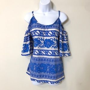 Corsage Blue White Paisley Print Cold Shoulder Top